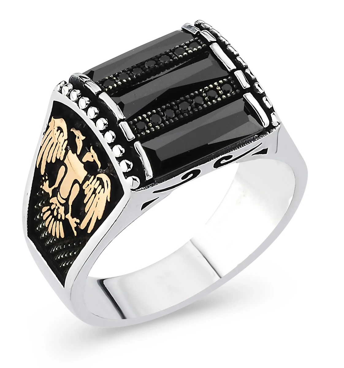 Selçuklu Kartalı İşlemeli Üçlü Baget Taşlı Gümüş Yüzük