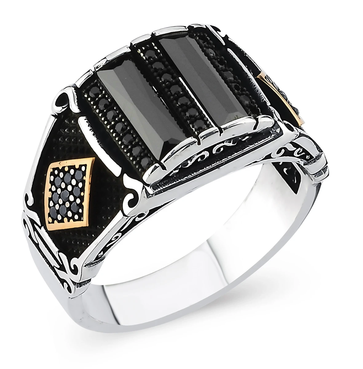 Üçlü Baget Taşlı Altın Detaylı Gümüş Yüzük