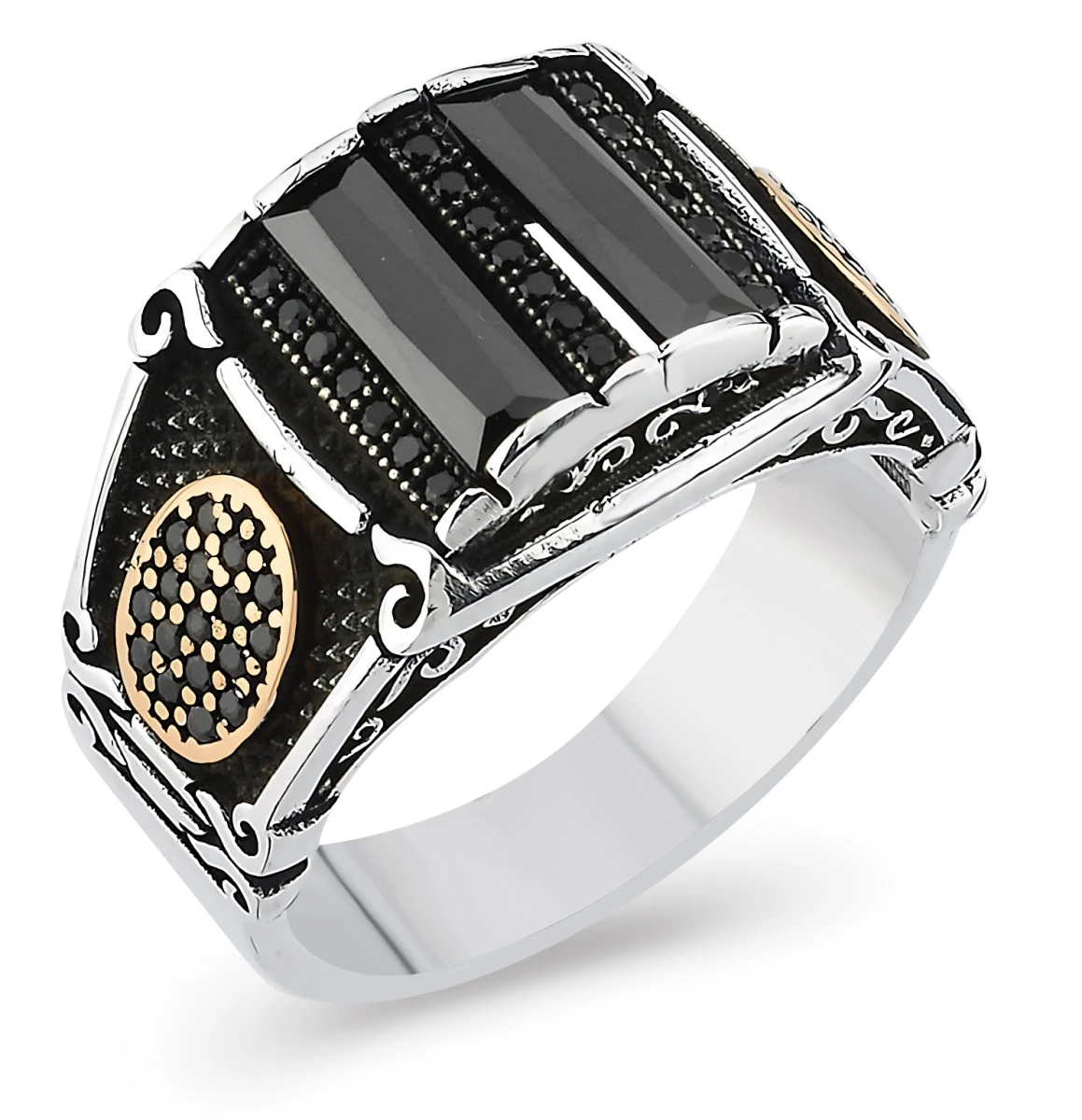 İkili Baget Taşlı Altın Detaylı Gümüş Yüzük