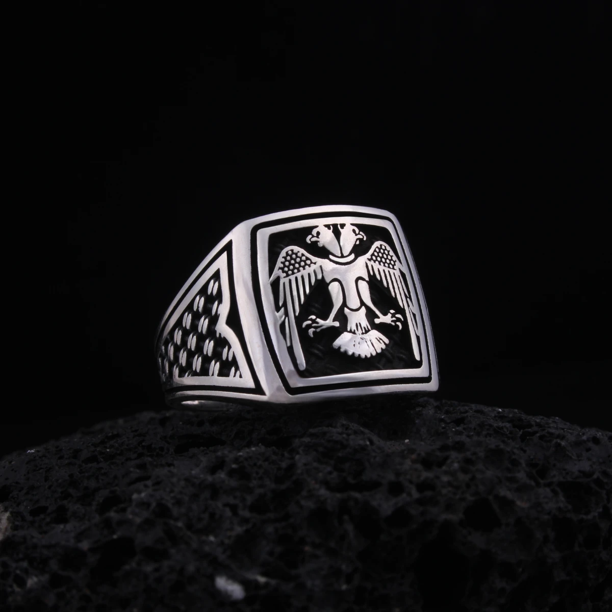 Selçuklu Çift Başlı Kartal Tasarım Gümüş Erkek Yüzüğü