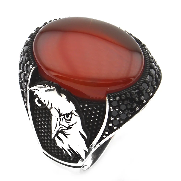 Oval Kapüşon Kartal Figürlü Kızıl Akik Taşlı Erkek Yüzük