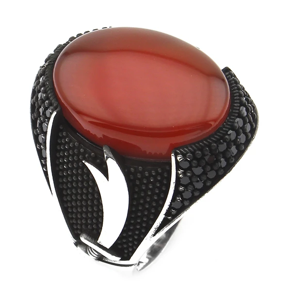 Oval Kapüşon Zülfikar Desenli Kızıl Akik Taşlı Erkek Yüzük