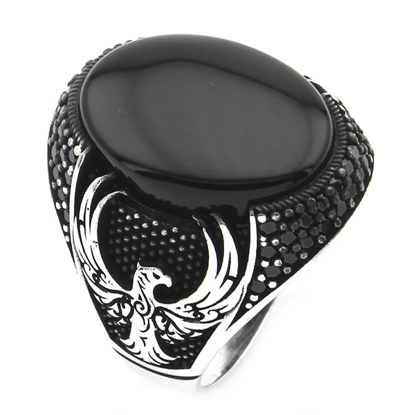 Oval Kapüşon Zümrüdüanka Motifli Siyah Oniks Taşlı Erkek Yüzük