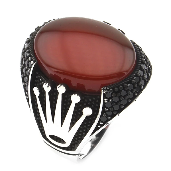 Oval Kapüşon Taç Figürlü Kızıl Akik Taşlı Erkek Yüzük