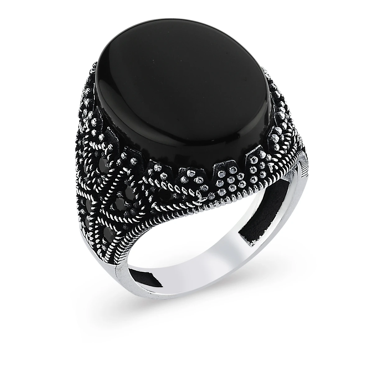 Oval Kapüşon Siyah Oniks Taşlı Klasik Mühür Erkek Yüzük