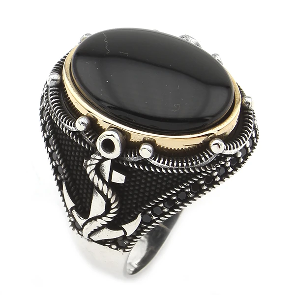 Oval Kapüşon Çapa Sembollü Masif Gümüş Erkek Mühür Yüzük