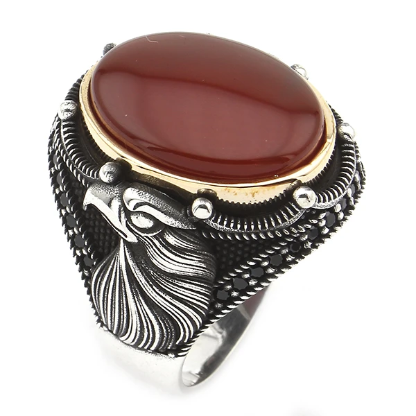 Oval Kapüşon Kartal Sembollü Kızıl Akik Taşlı Mühür Erkek Yüzük