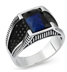 Kare Kesim Lacivert Taşlı Erkek Yüzük