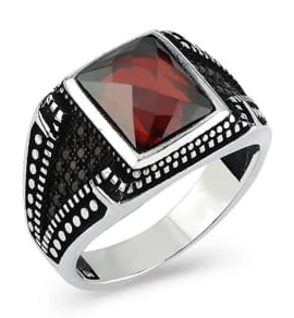 Kare Kesim Kırmızı Taşlı Erkek Yüzük