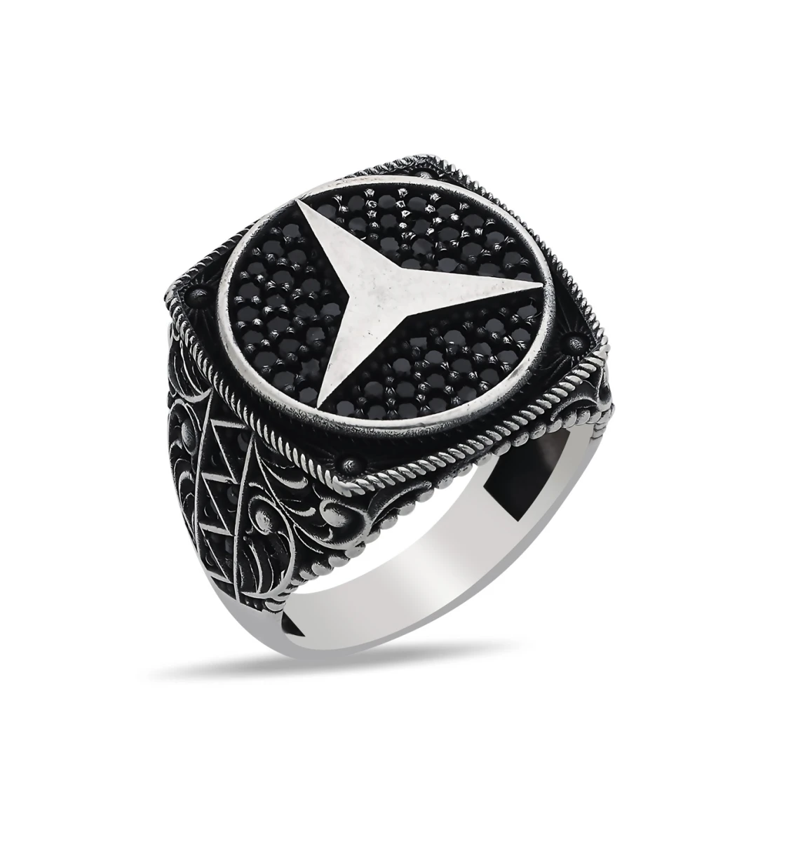 Mikro Taşlı ve El İşlemesi Detaylı Mercedes Erkek Yüzüğü