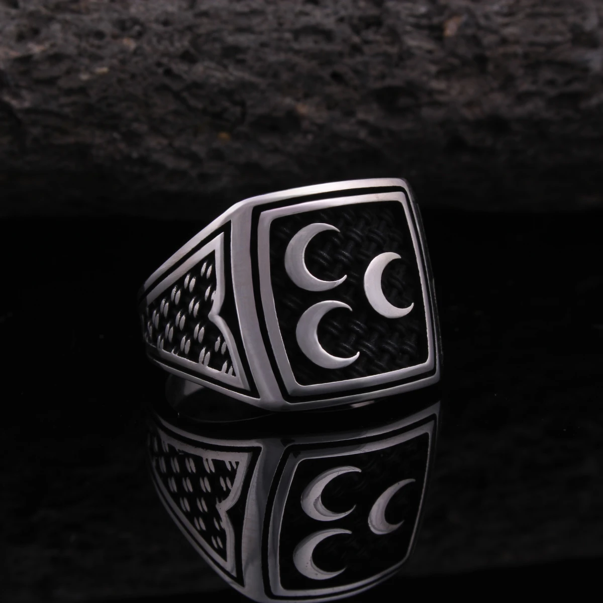 Üç Hilal Tasarım Gümüş Erkek Yüzüğü