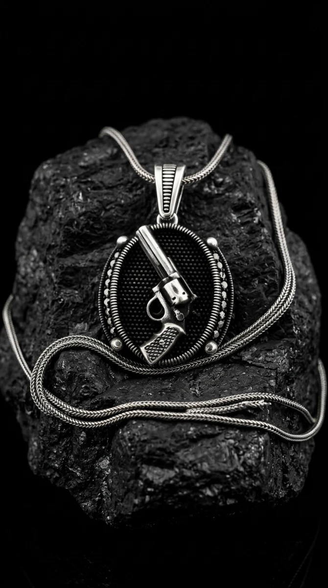Revolver Silah Siyah Taşlı Kolye Ucu