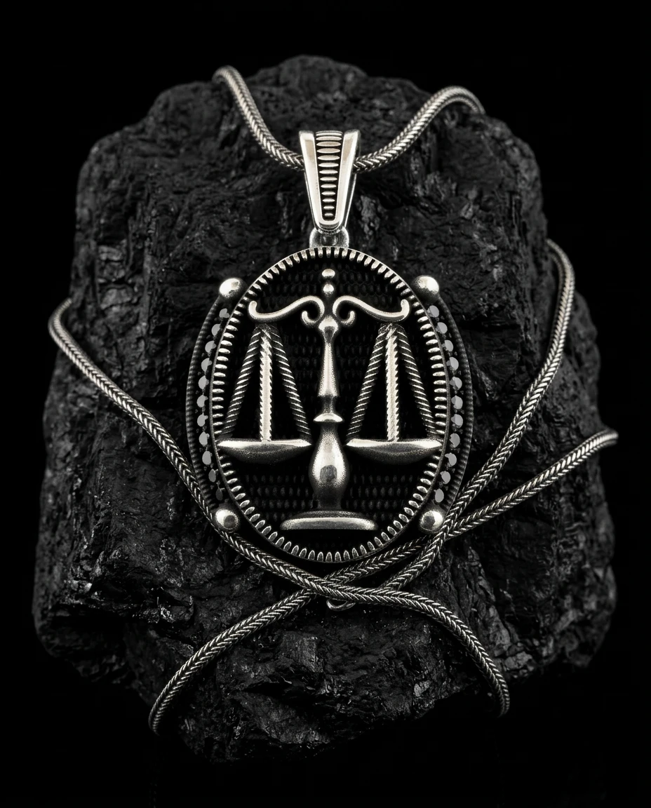 Oval Adalet Terazisi Siyah Taşlı Kolye Ucu