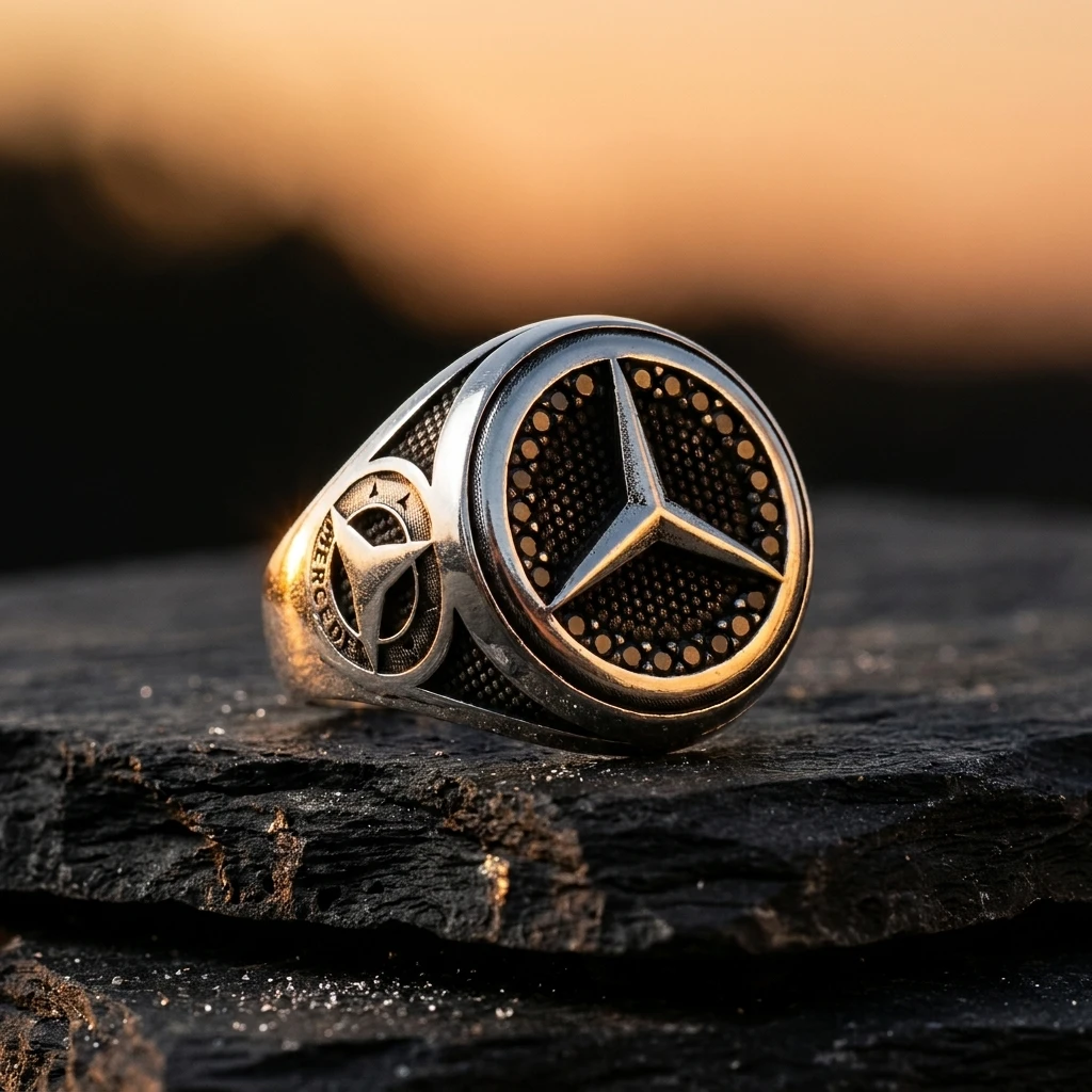Siyah Taşlı ve Yanı Logolu Mercedes Erkek Yüzüğü