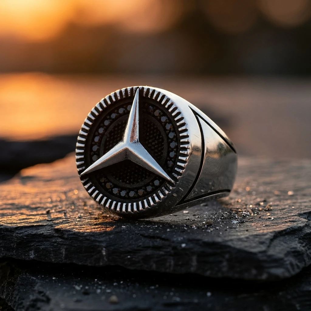 Dişli Çerçeve Tasarımlı ve Mercedes Logolu Erkek Yüzüğü