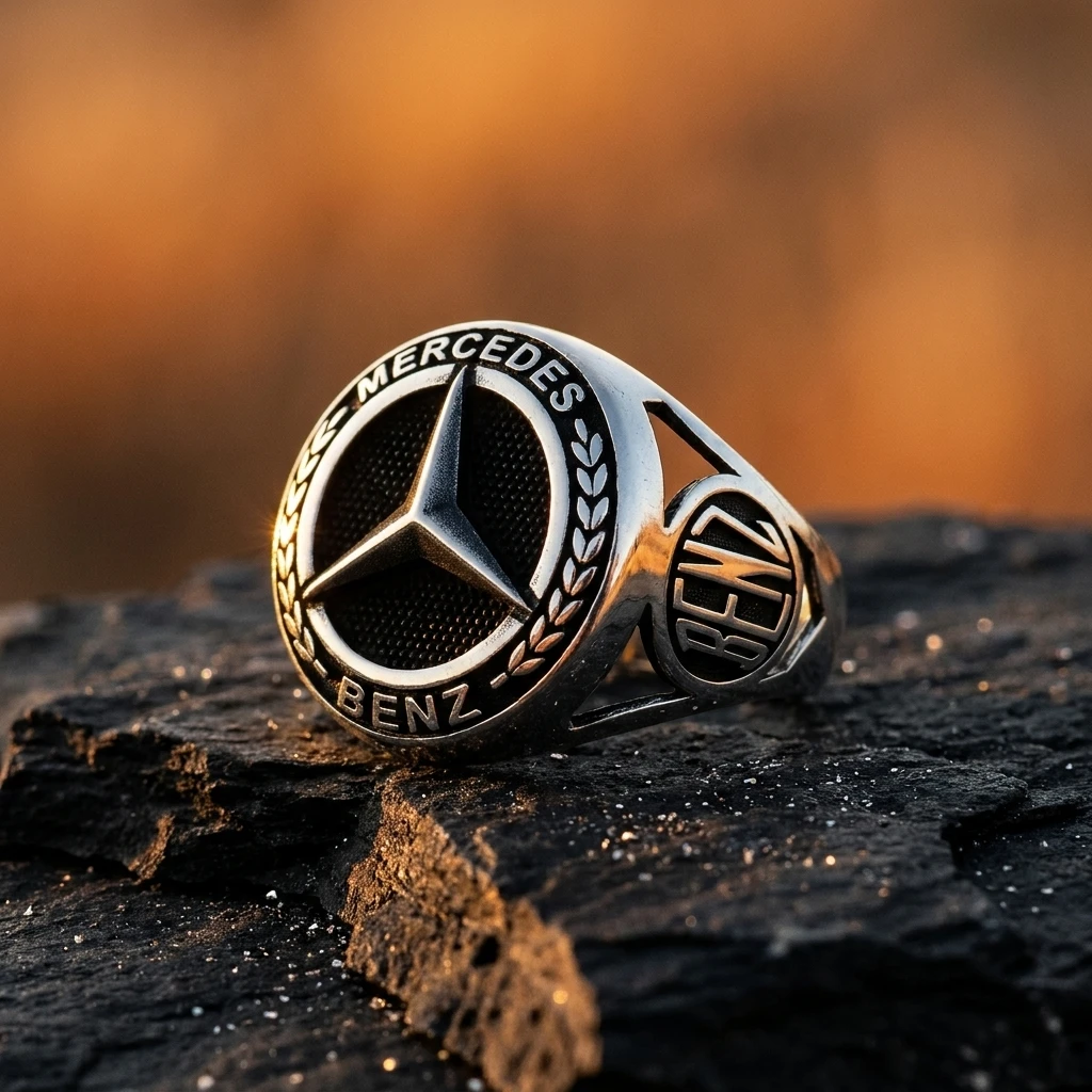 Defne Dalı İşlemeli ve Yanı Mühürlü Mercedes Erkek Yüzüğü