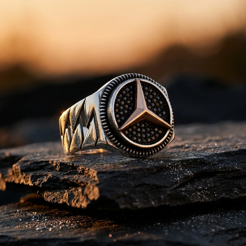 Rose Yıldızlı ve Siyah Taşlı Mercedes Erkek Yüzüğü