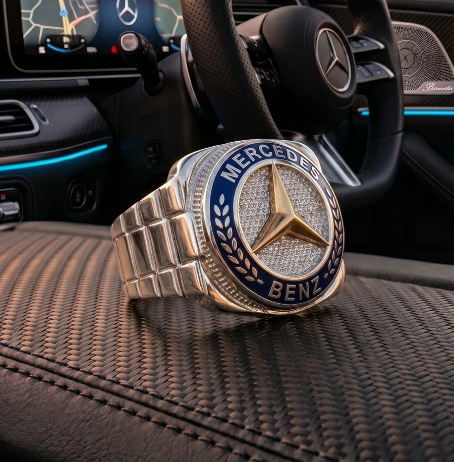 Lacivert Emaye ve Rose Yıldızlı Mercedes Erkek Yüzüğü