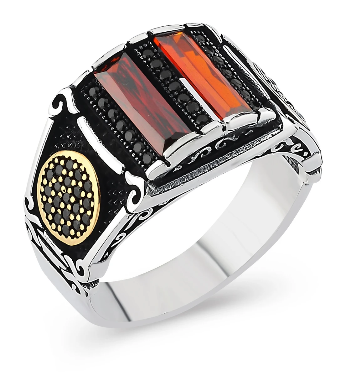 İkili Baget Taşlı Altın Detaylı Gümüş Yüzük