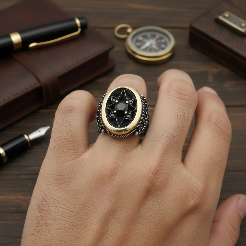 Heybetli Kare Tasarım Kırmızı Taşlı At Figürlü Erkek Yüzük