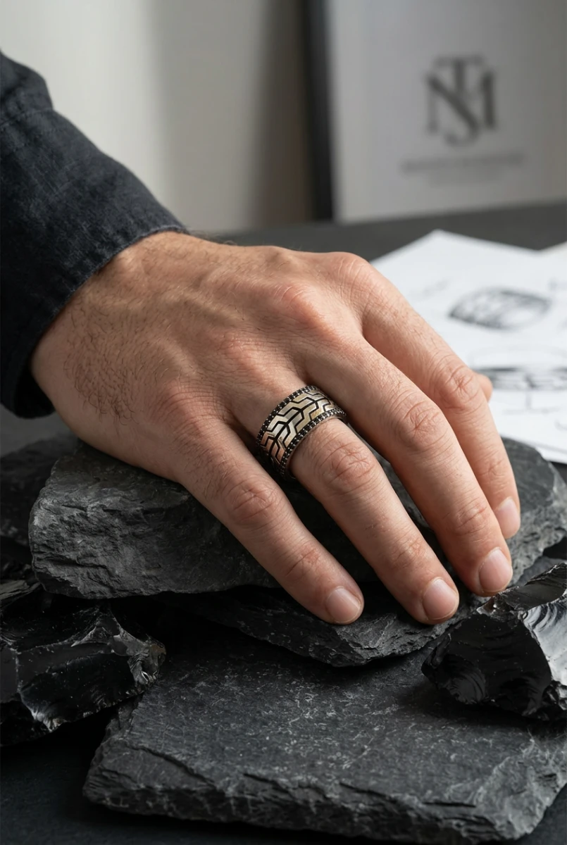 Geometrik Desenli Siyah Zirkon Taşlı Erkek Alyans