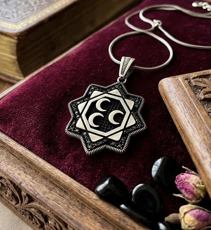 Üç Hilal Detaylı Siyah Taşlı Sekiz Köşeli Yıldız Kolye Ucu