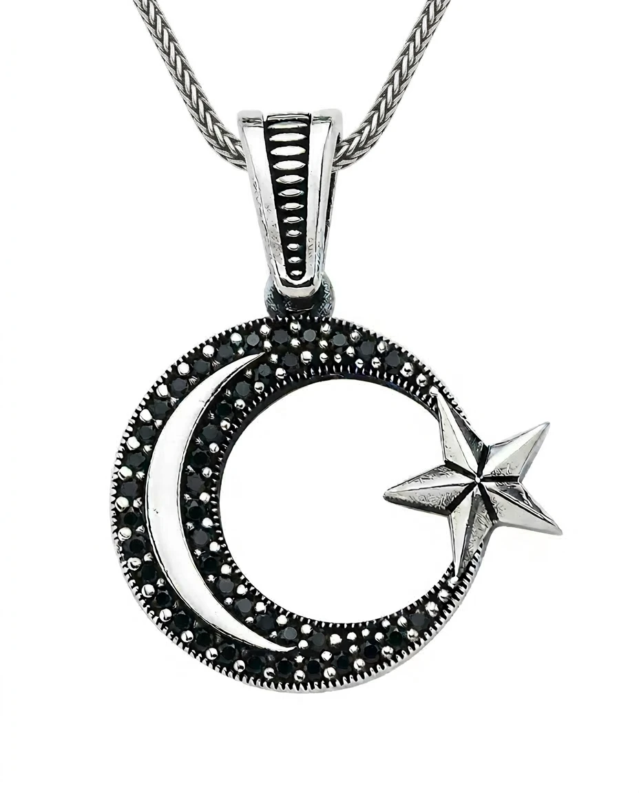 Çift Sıra Kırmızı Taşlı Ay Yıldız Kolye Ucu