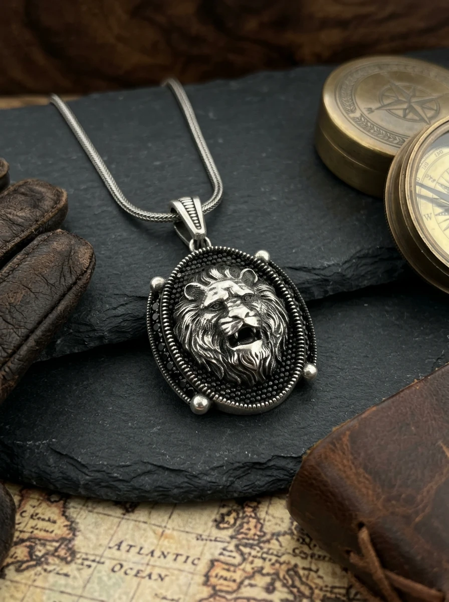 Aslan Başı Kabartmalı Siyah Taşlı Erkek Kolye Ucu