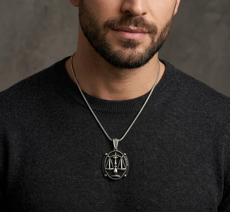 Oval Adalet Terazisi Siyah Taşlı Kolye Ucu