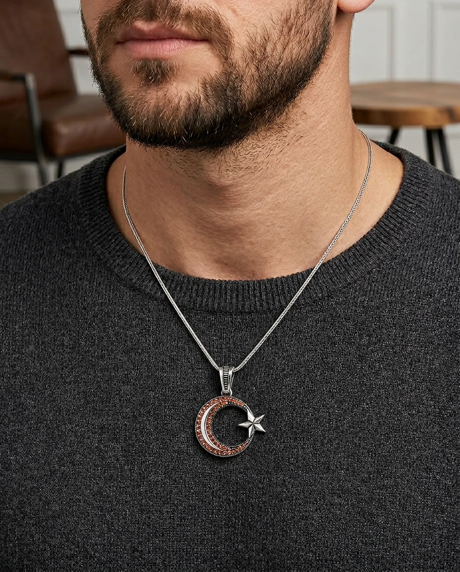 Çift Sıra Kırmızı Taşlı Ay Yıldız Kolye Ucu