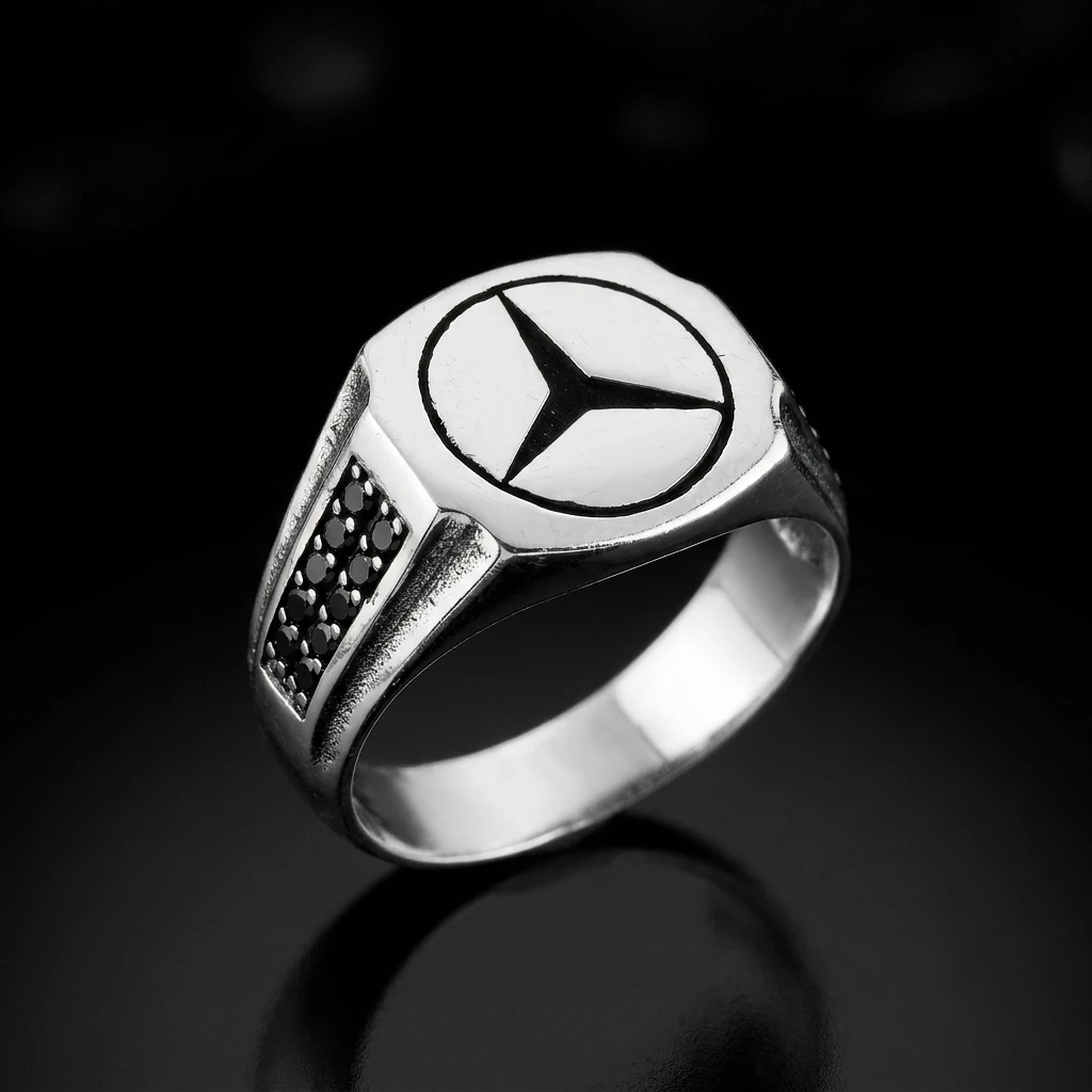 Yanı Siyah Taşlı Modern Altıgen Mercedes Erkek Yüzüğü
