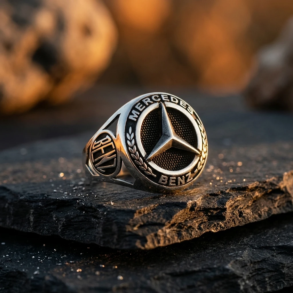 Defne Dalı İşlemeli ve Yanı Mühürlü Mercedes Erkek Yüzüğü