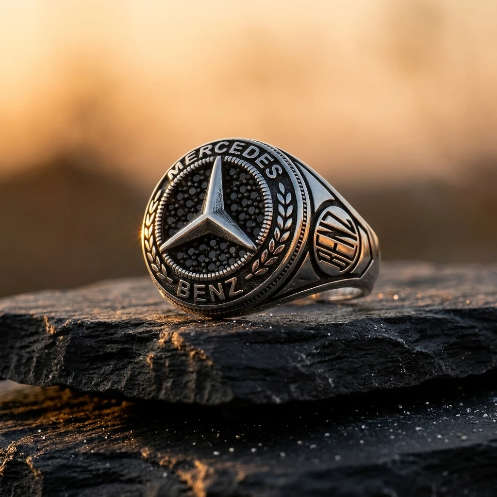 Siyah Taşlı ve Defne Dalı İşlemeli Mercedes Erkek Yüzüğü