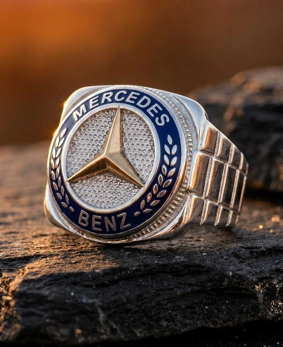 Lacivert Emaye ve Rose Yıldızlı Mercedes Erkek Yüzüğü