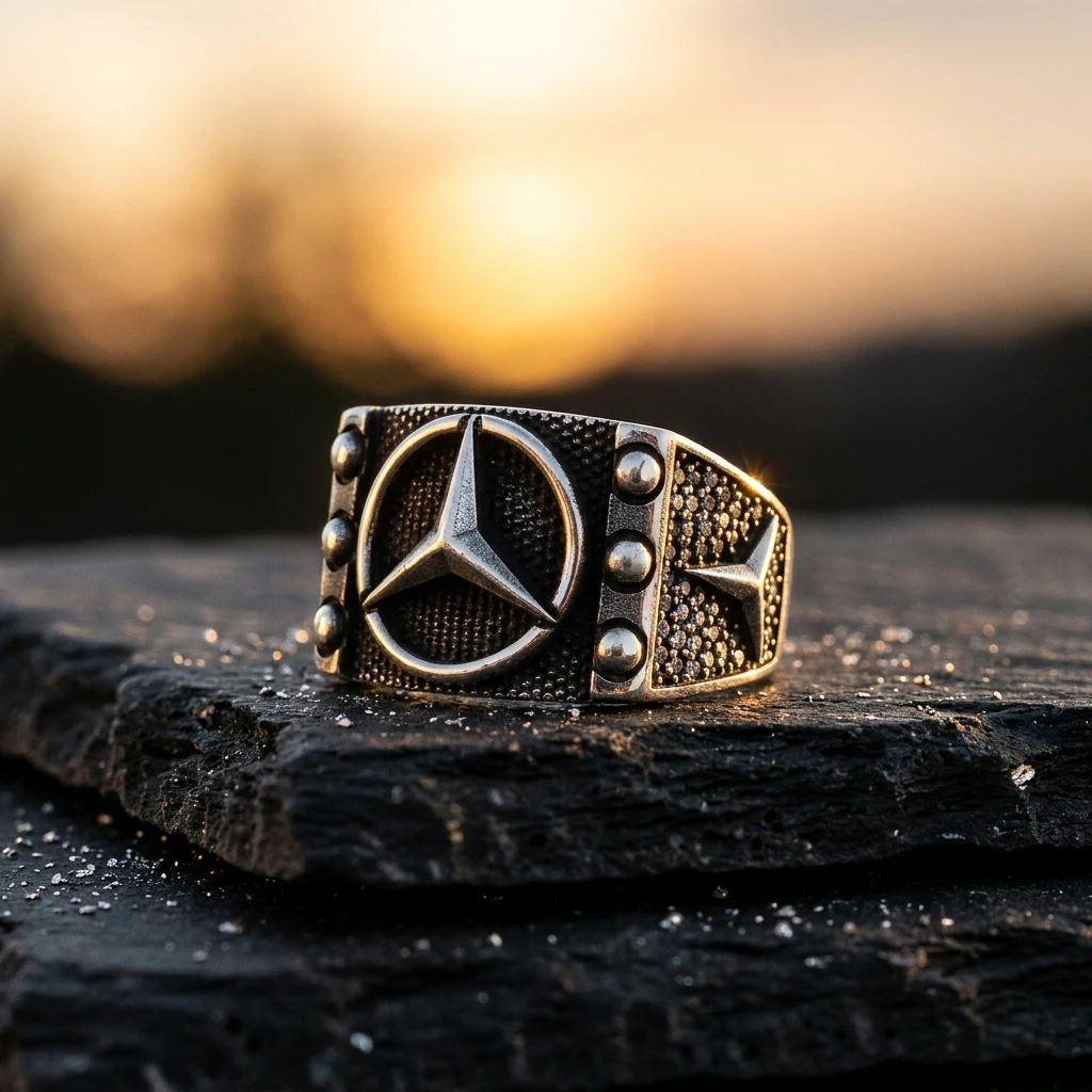 Perçin Detaylı ve Çift Logolu Mercedes Erkek Yüzüğü